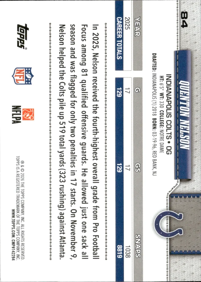 Quenton Nelson card back