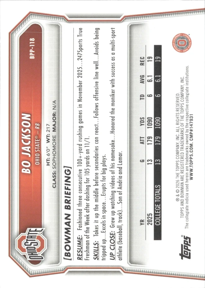 Bo Jackson card back
