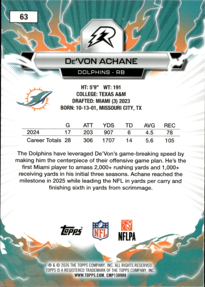 De'Von Achane card back