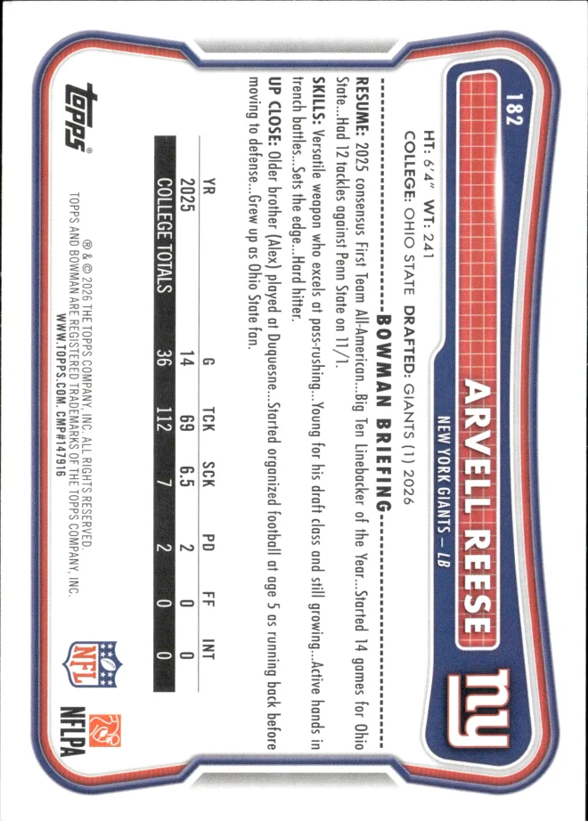 Arvell Reese card back