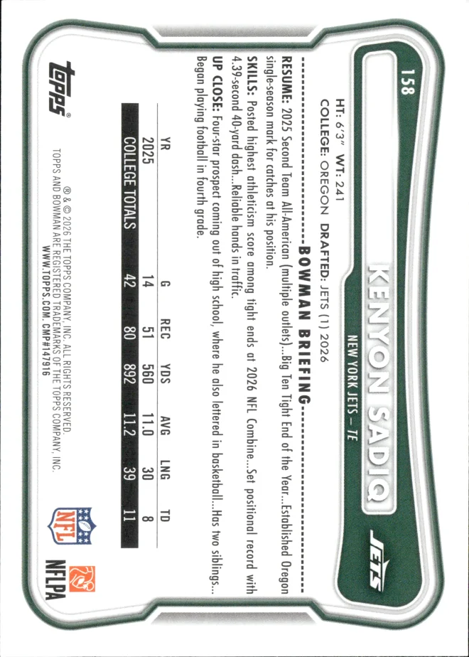 Kenyon Sadiq card back
