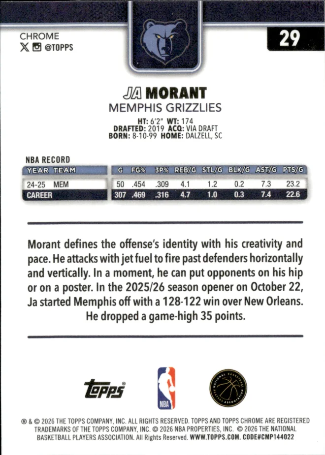 Ja Morant card back