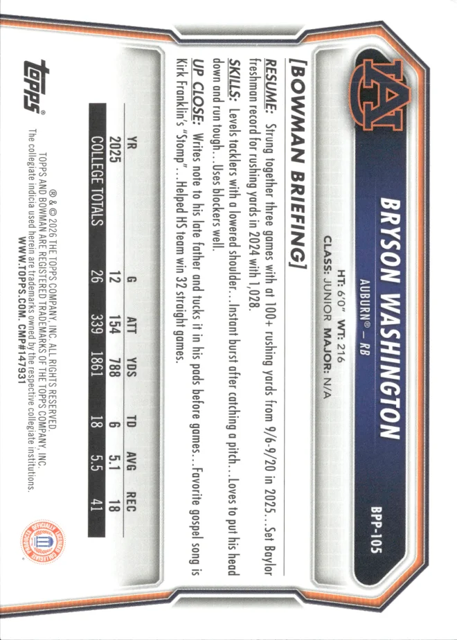 Bryson Washington card back