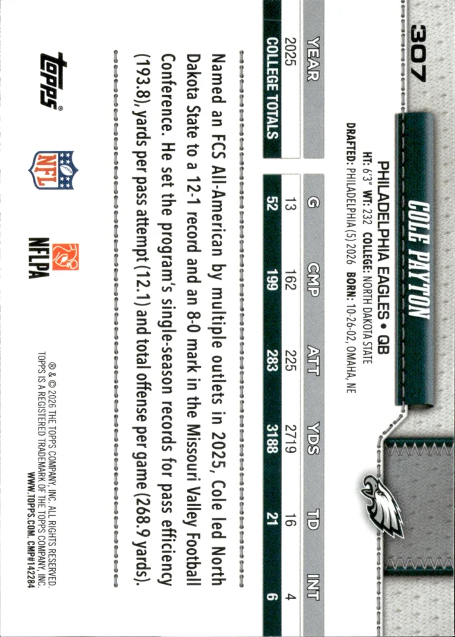Cole Payton card back