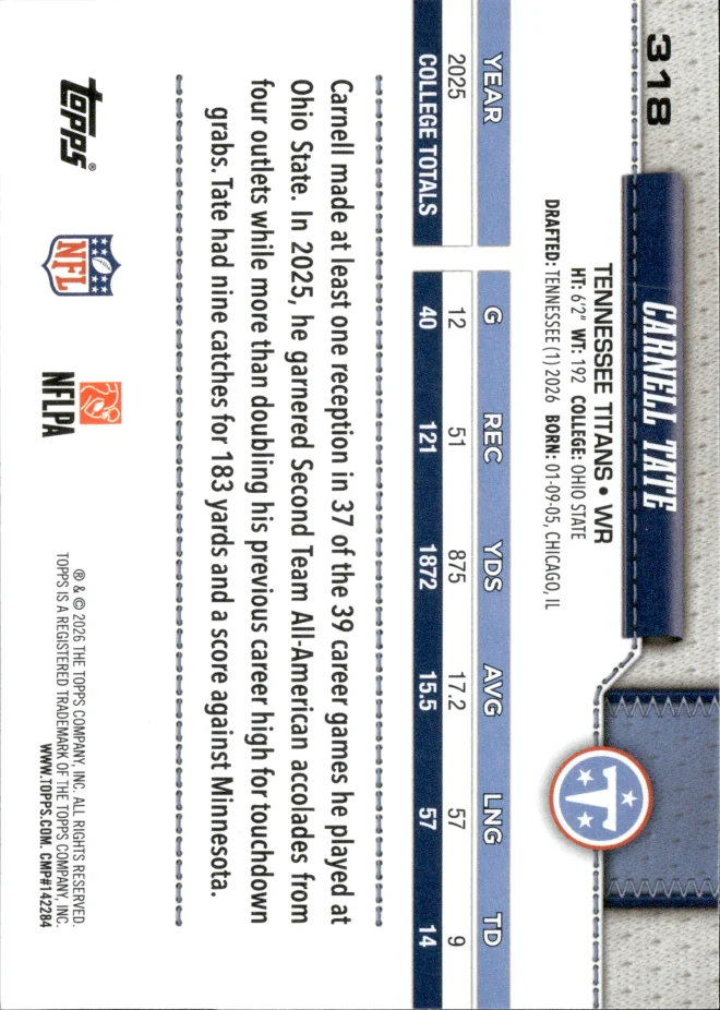 Carnell Tate card back