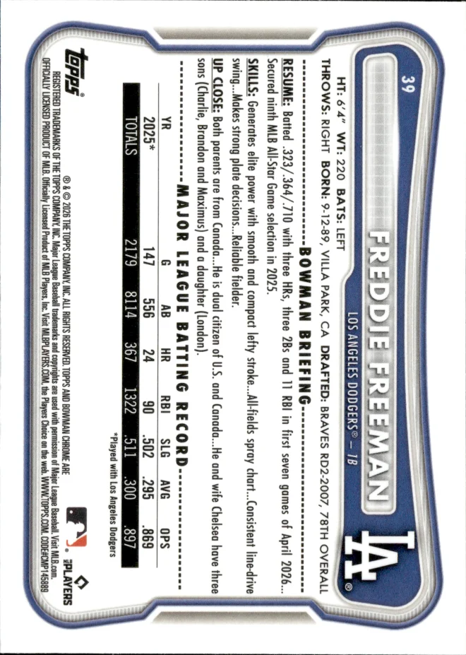 Freddie Freeman card back