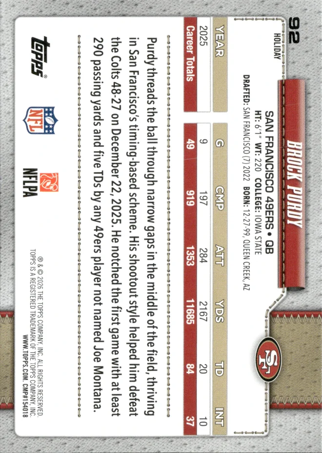 Brock Purdy card back