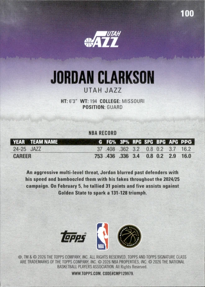 Jordan Clarkson card back