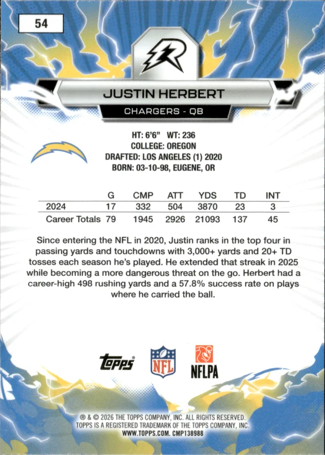 Justin Herbert card back