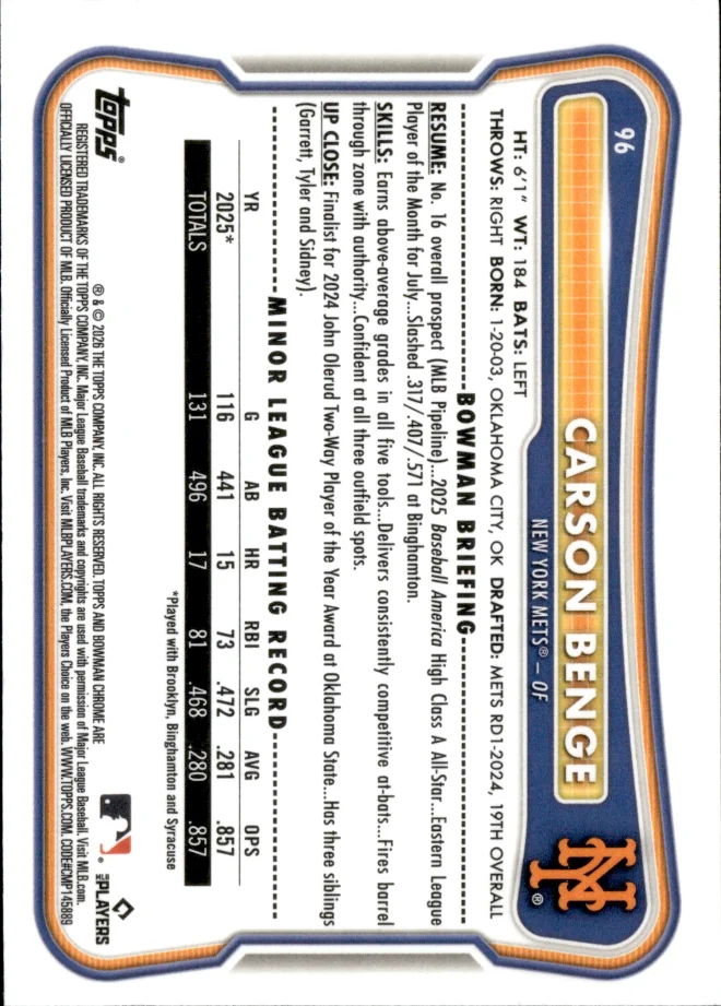 Carson Benge card back