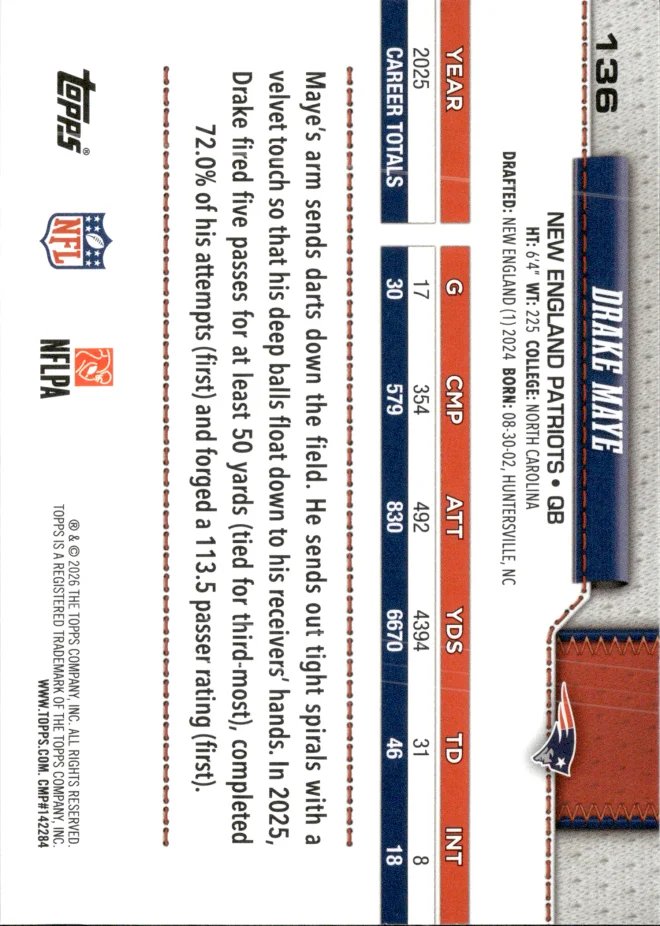 Drake Maye card back