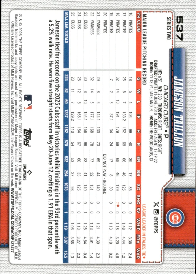 Jameson Taillon card back
