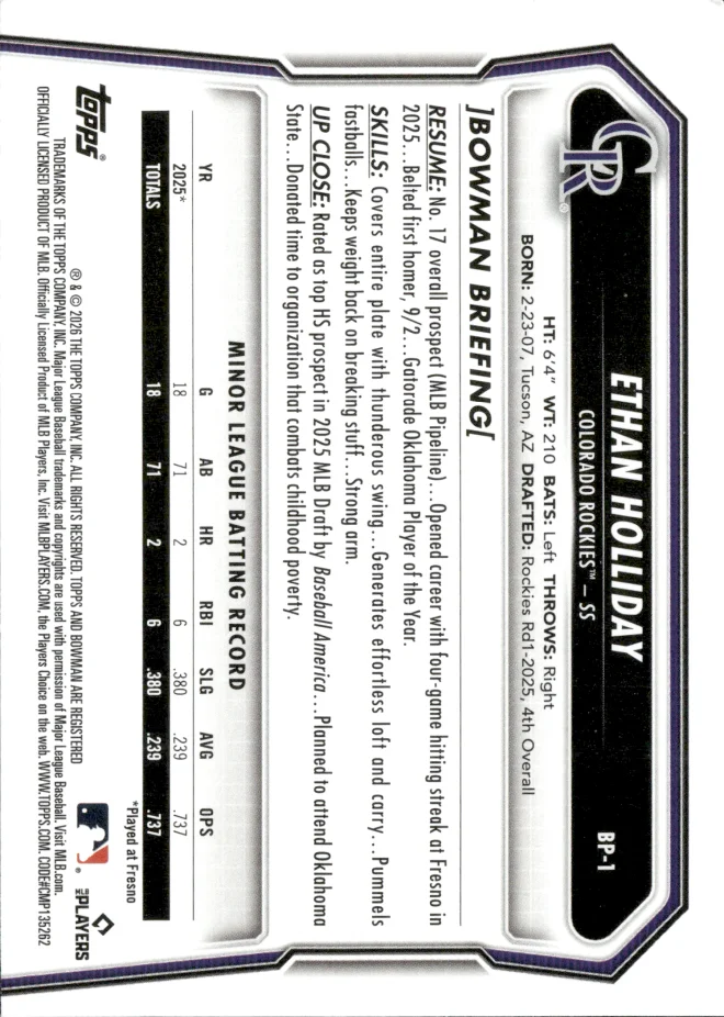 Ethan Holliday card back