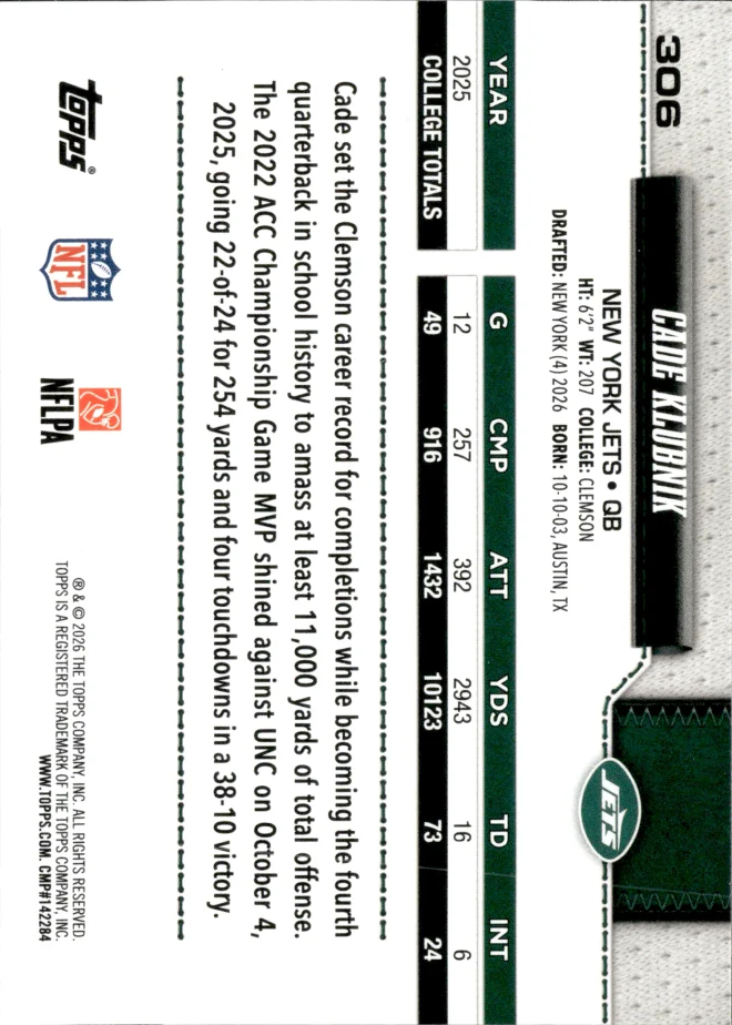 Cade Klubnik card back