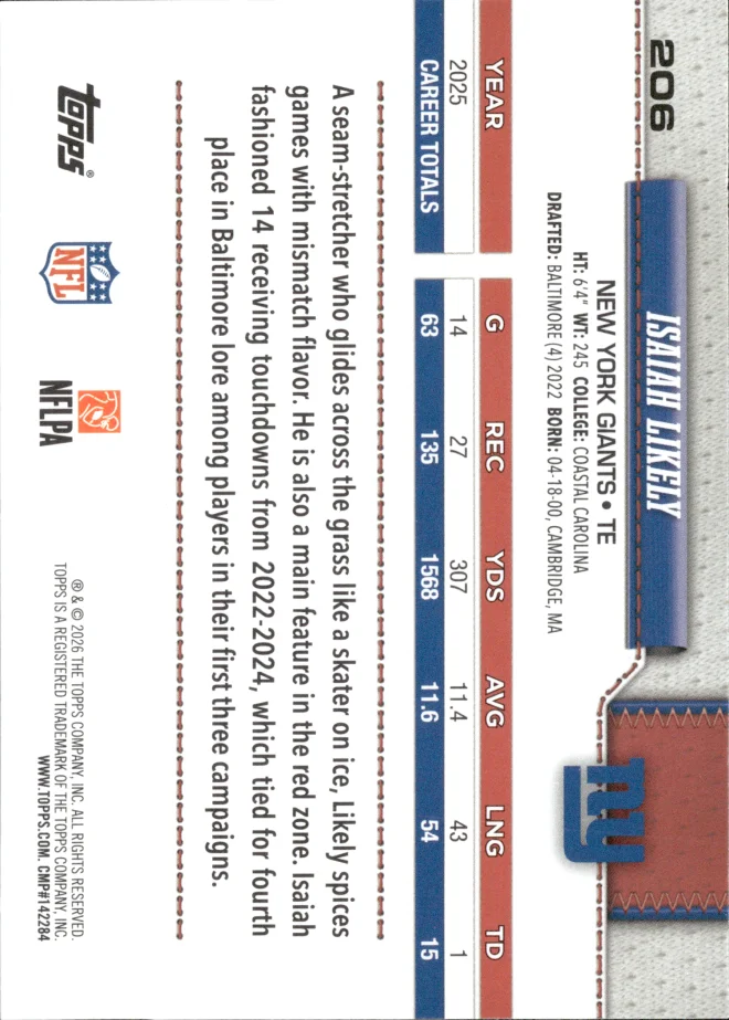 Isaiah Likely card back