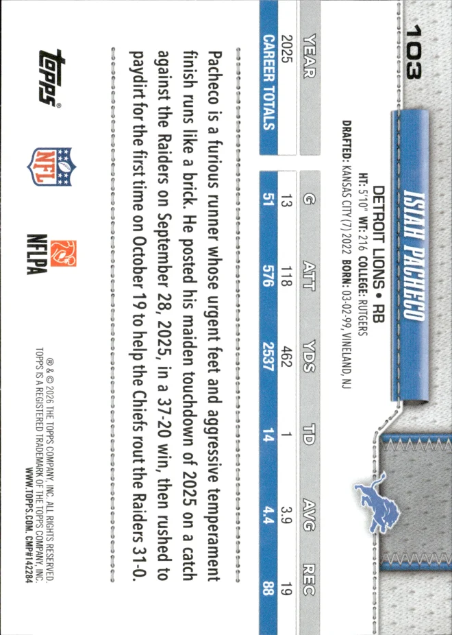 Isiah Pacheco card back