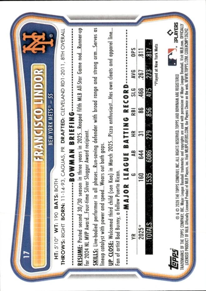 Francisco Lindor card back