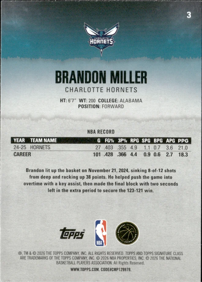 Brandon Miller card back