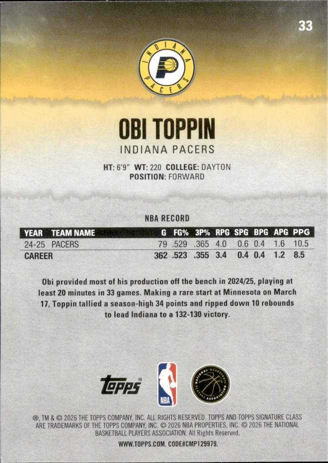Obi Toppin card back