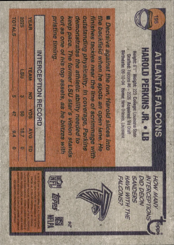 Harold Perkins Jr. card back