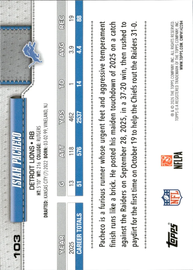 Isiah Pacheco card back