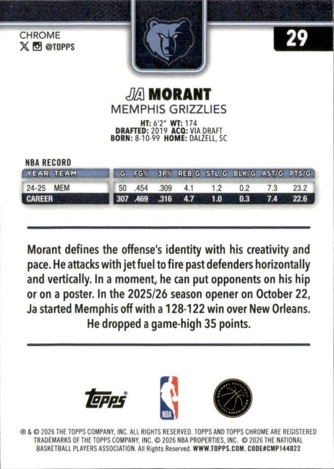 Ja Morant card back