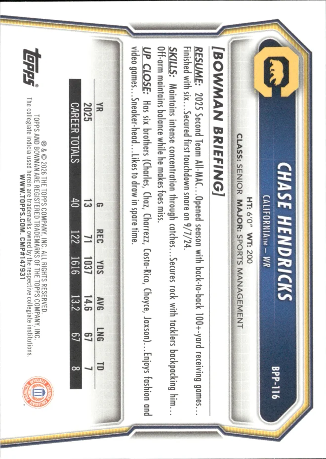 Chase Hendricks card back