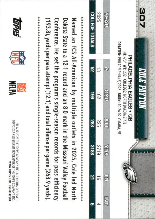 Cole Payton card back