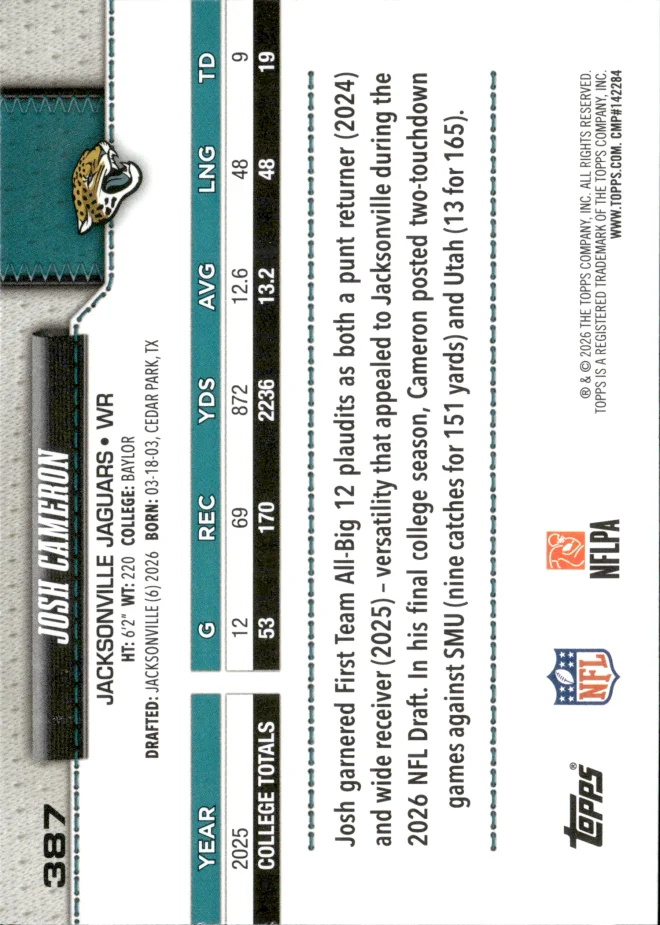 Josh Cameron card back