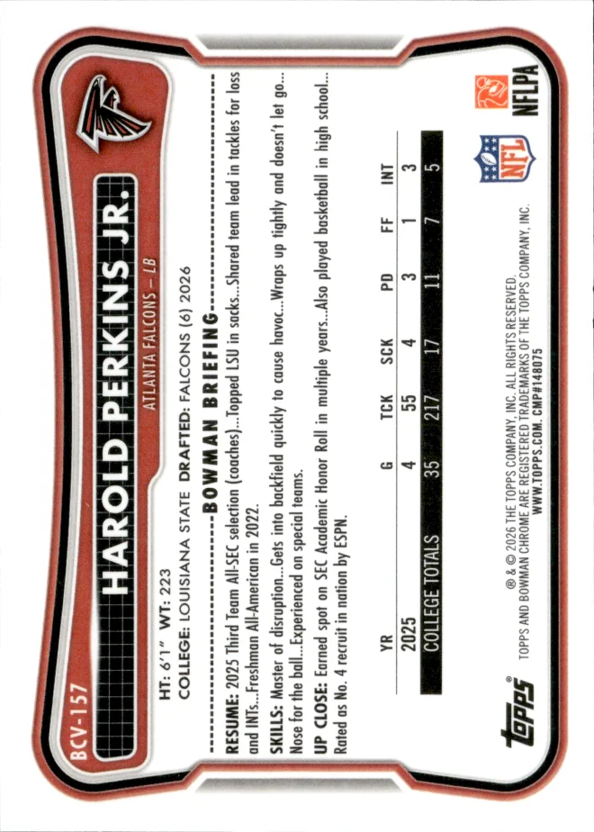 Harold Perkins Jr. card back