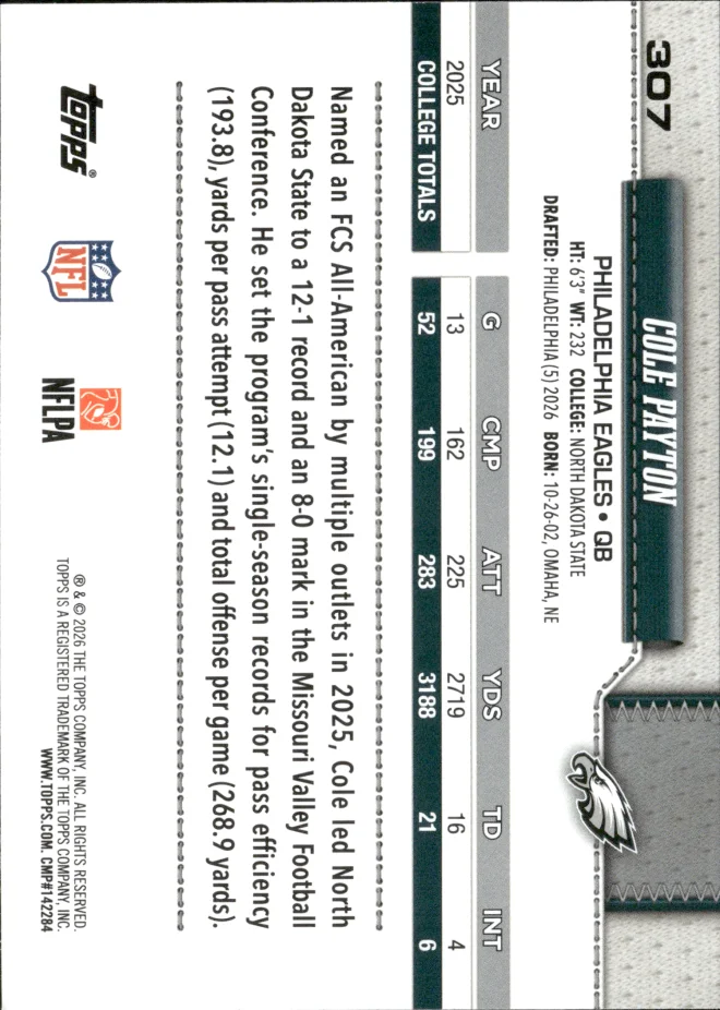 Cole Payton card back
