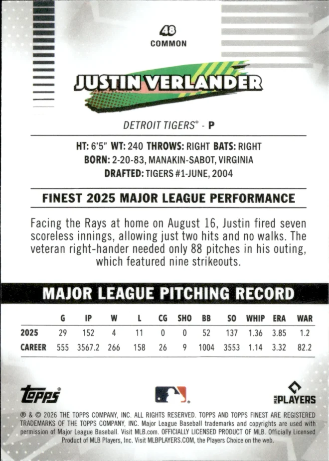 Justin Verlander card back