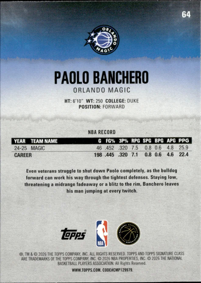 Paolo Banchero card back