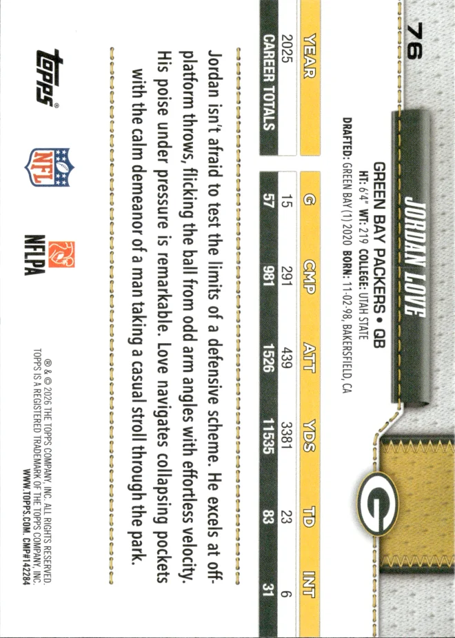 Jordan Love card back