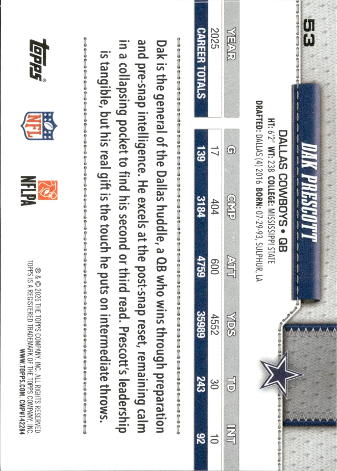 Dak Prescott card back