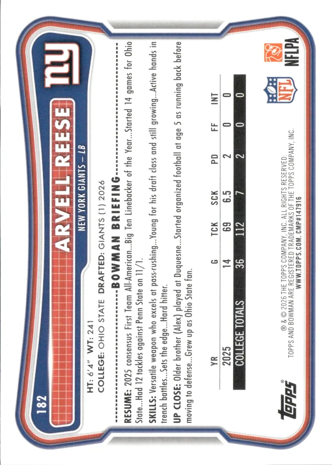 Arvell Reese card back