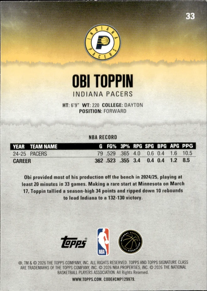 Obi Toppin card back
