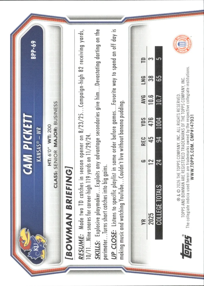 Cam Pickett card back