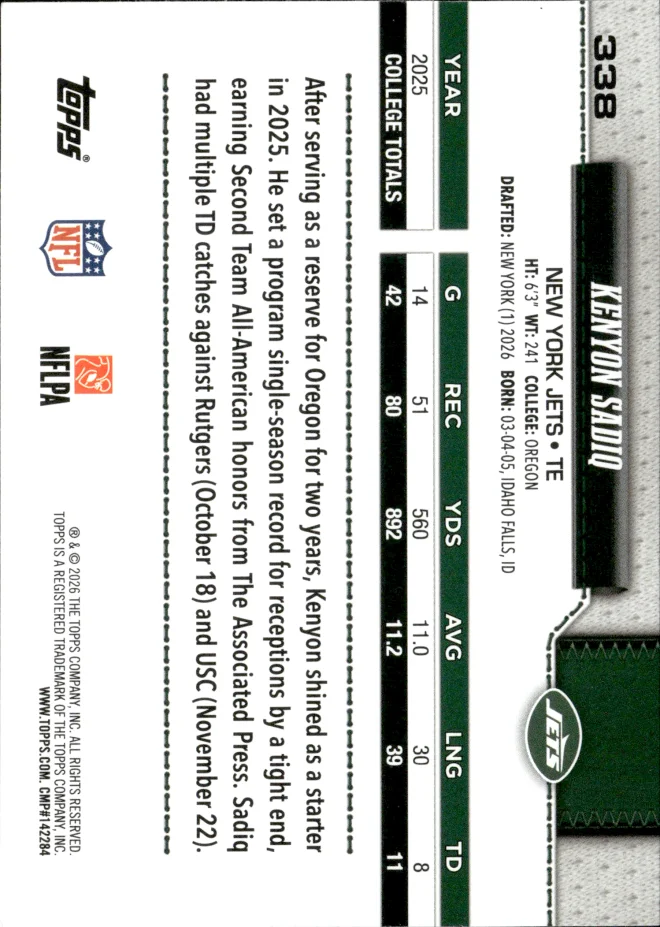 Kenyon Sadiq card back