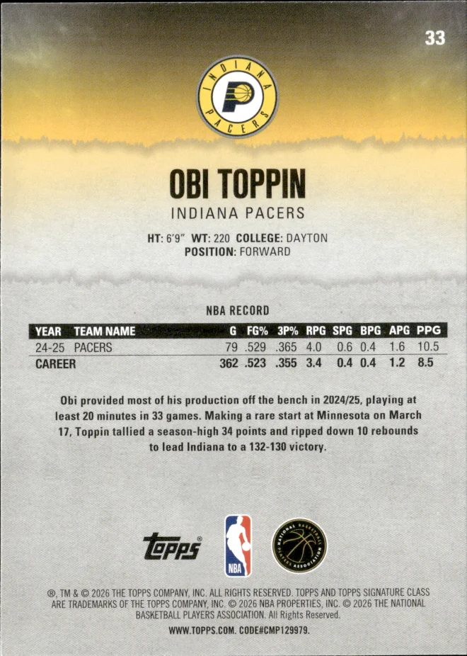 Obi Toppin card back