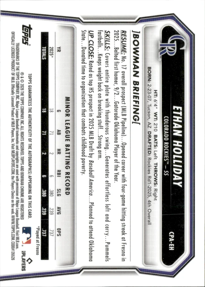 Ethan Holliday card back