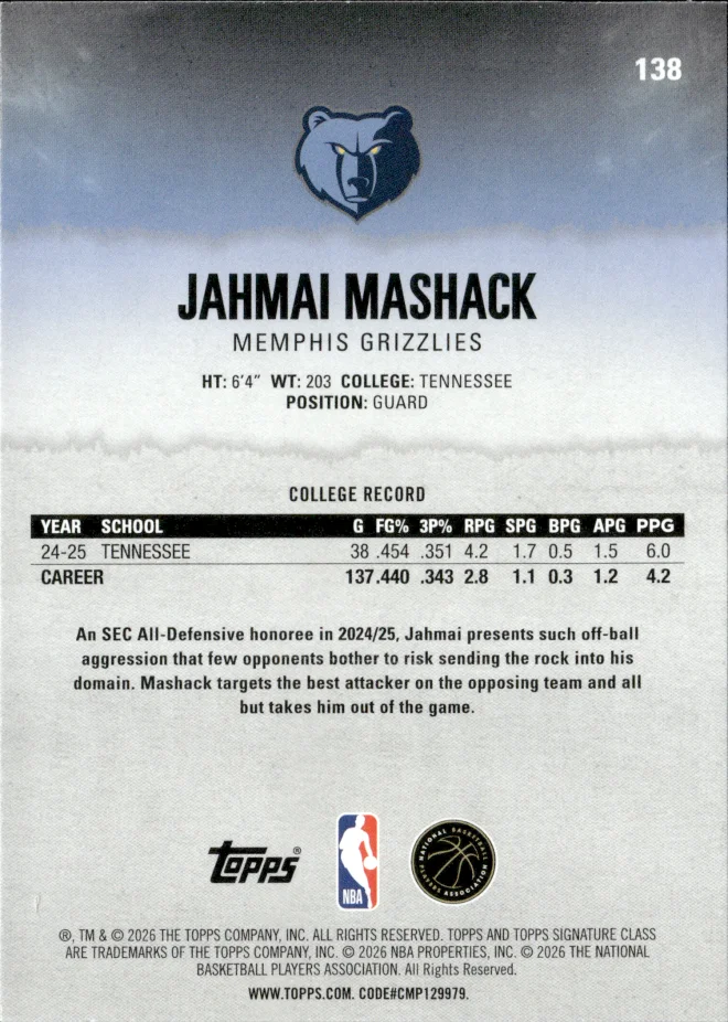 Jahmai Mashack card back