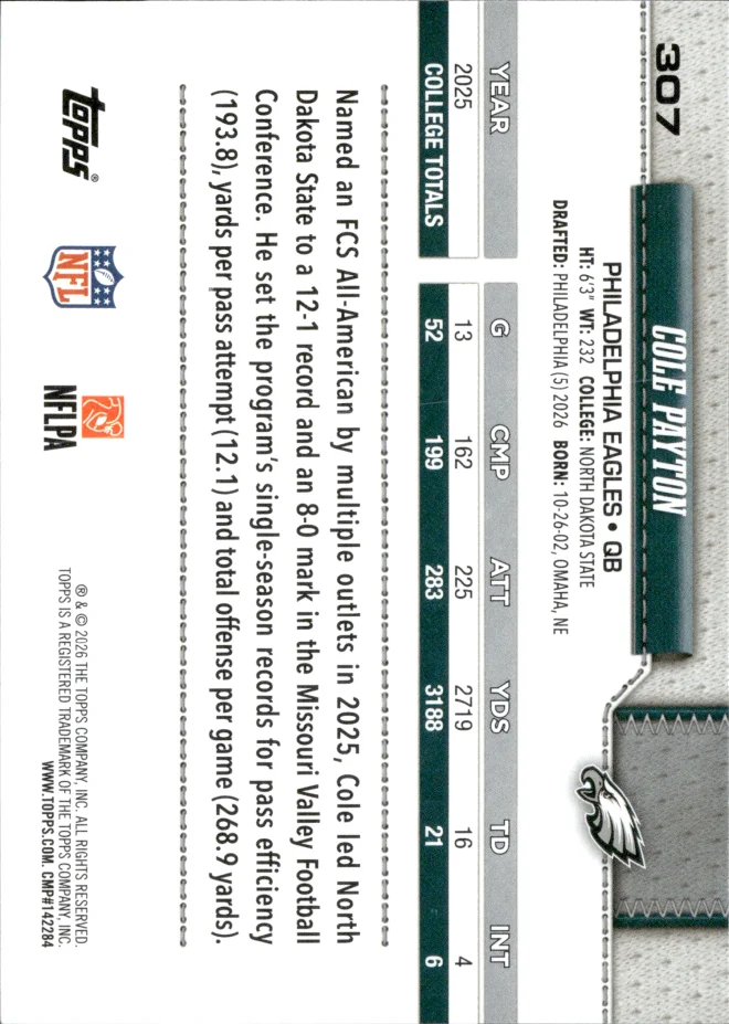 Cole Payton card back