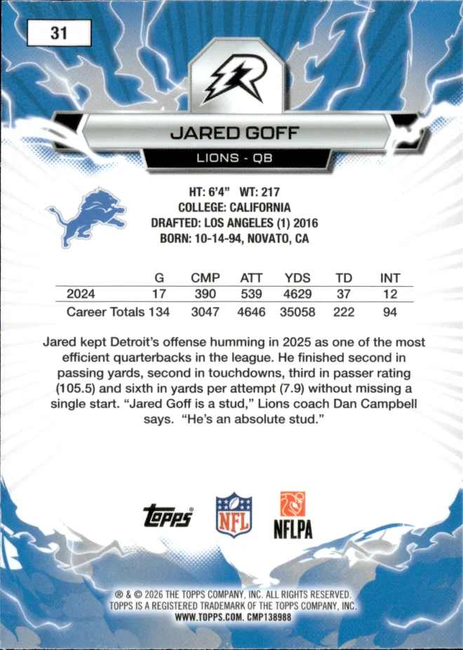 Jared Goff card back