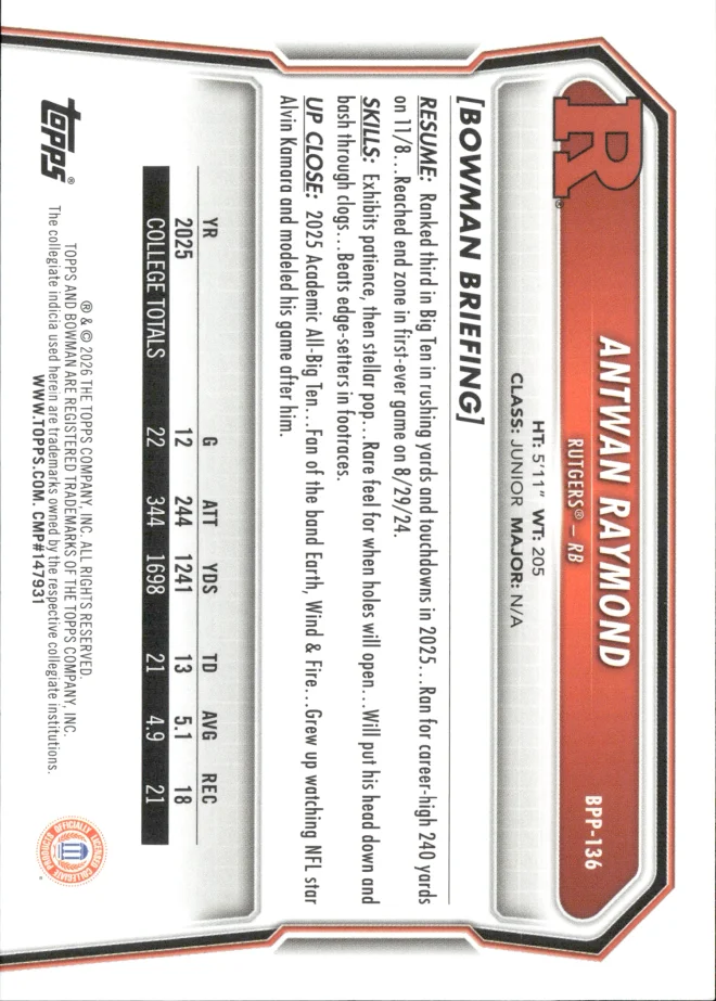 Antwan Raymond card back
