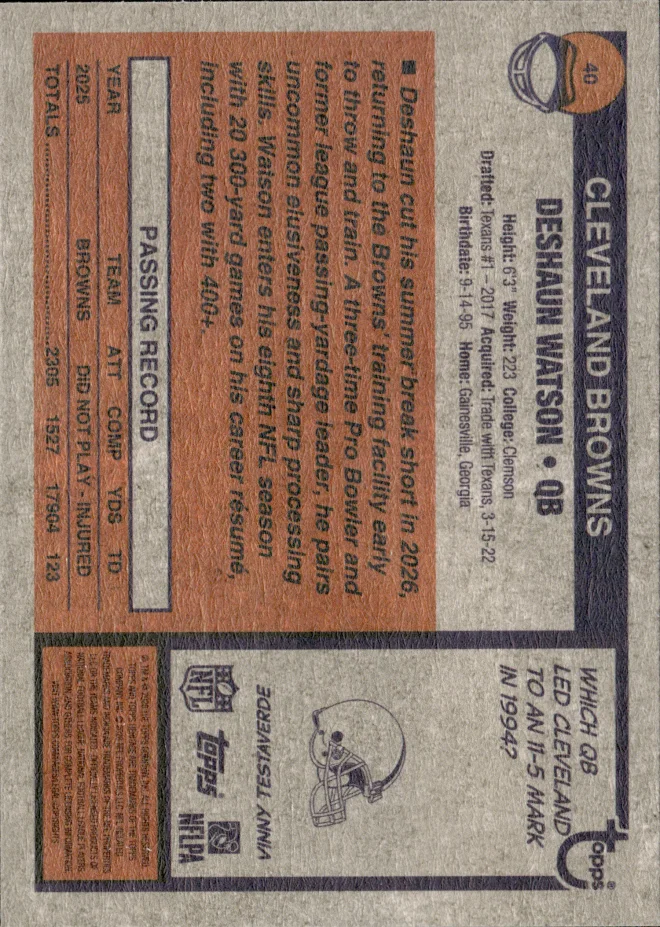 Deshaun Watson card back