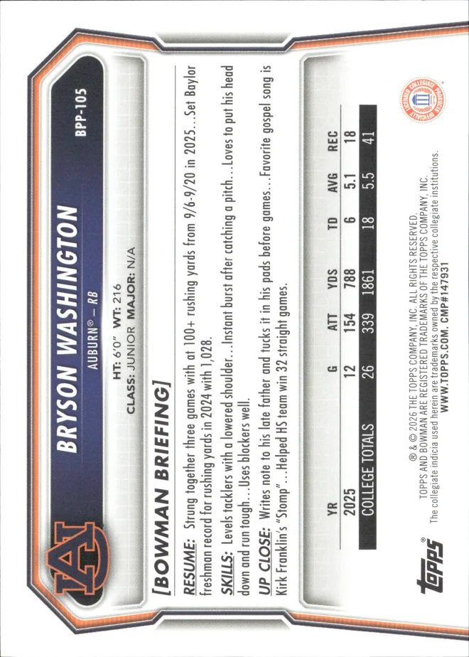 Bryson Washington card back