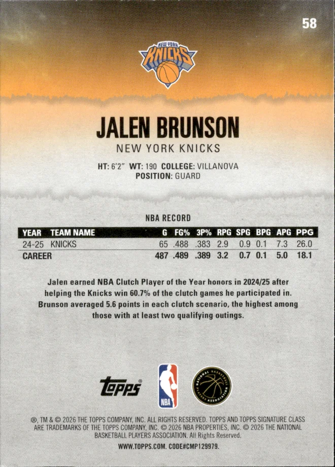 Jalen Brunson card back