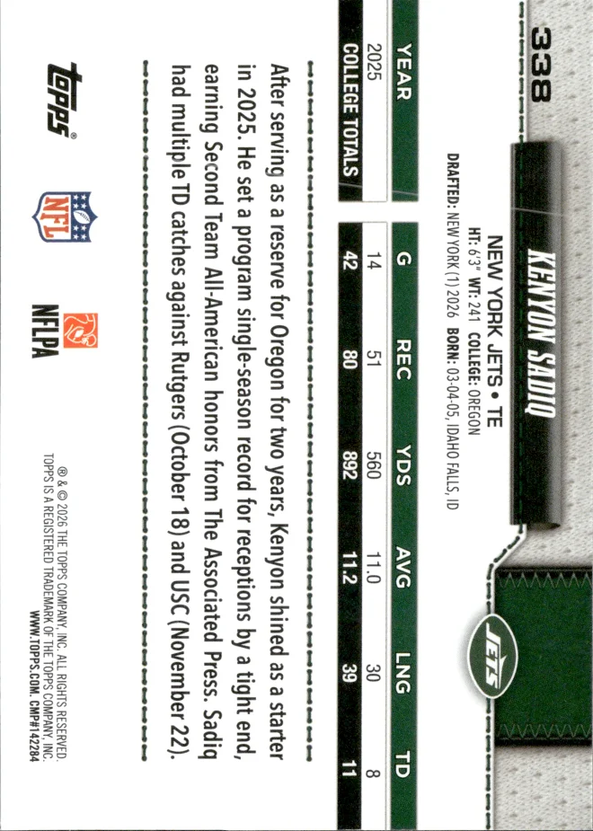 Kenyon Sadiq card back