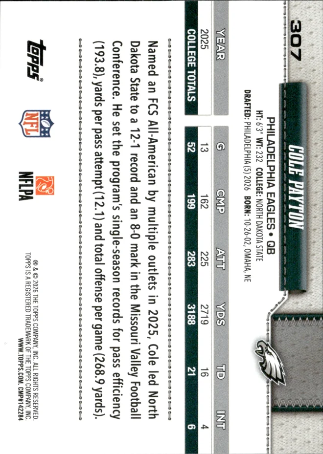 Cole Payton card back